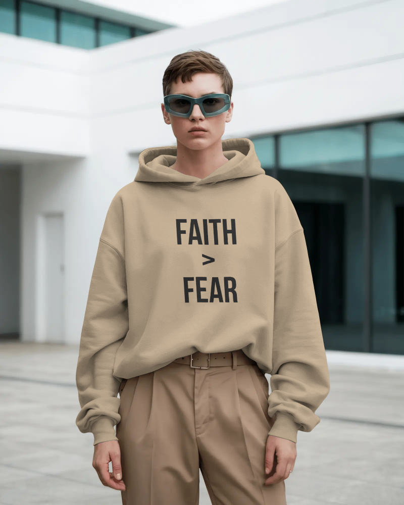 Faith Over Fear Hoodie – Beige | Oversized Christian Streetwear